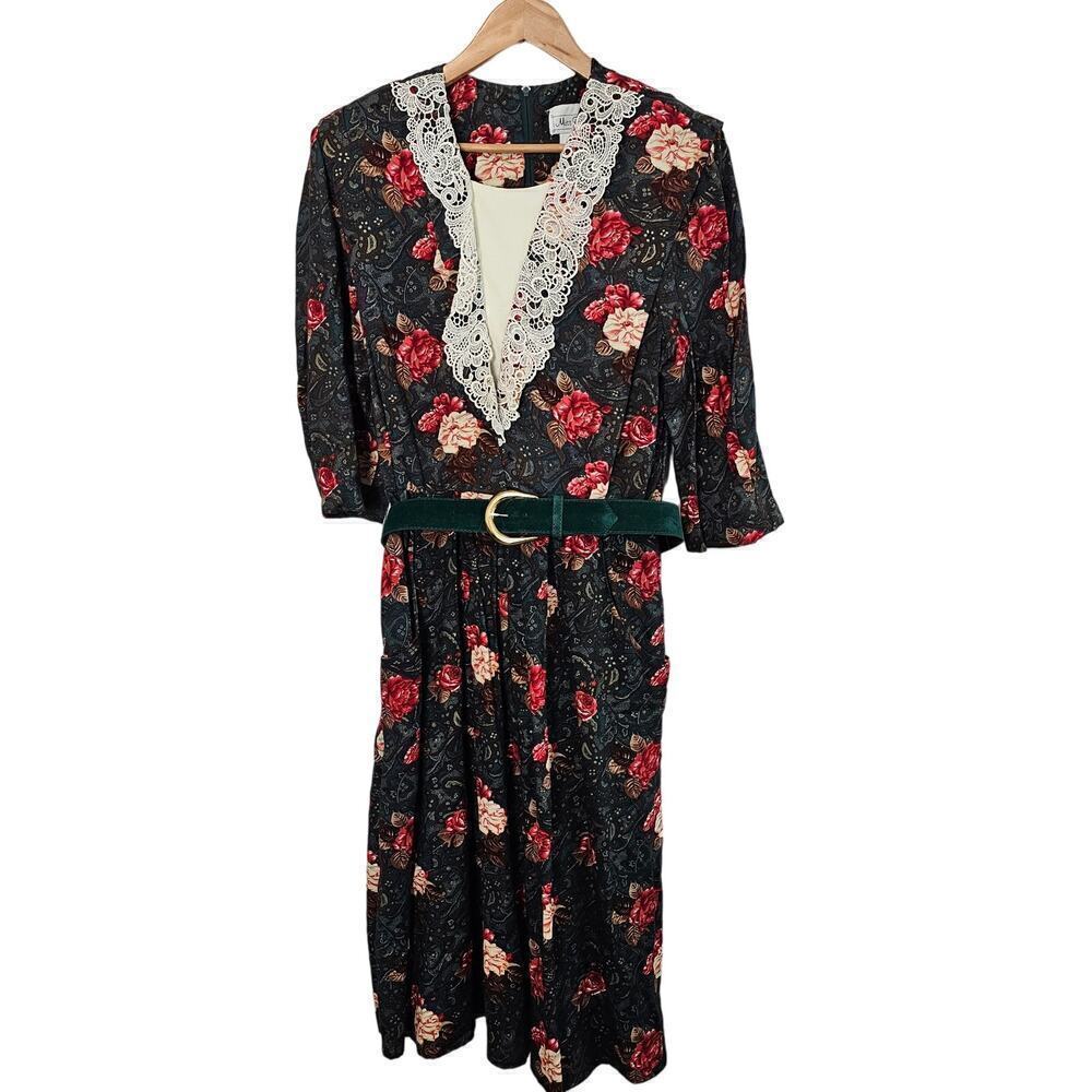 Vintage Miss Dorby Womens Dress Size 12P 80s Floral Cottagecore Midi Preppy